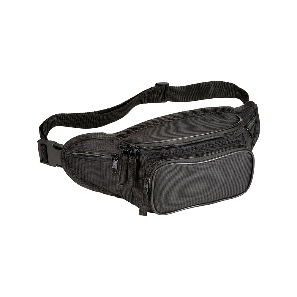 600D polyester 5-pocket waist bag with adjustable waist strap and clip closure