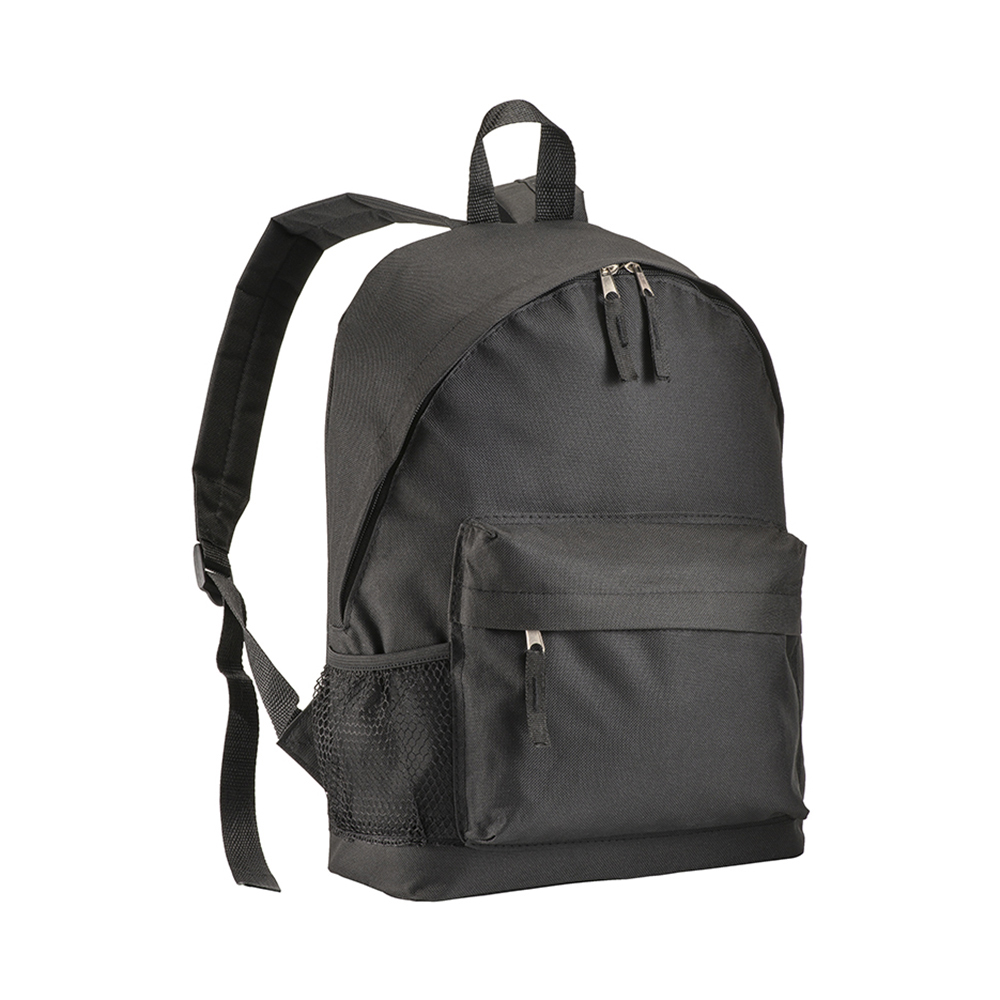 600D polyester 3-pocket backpack (one mesh side pocket). Adjustable shoulder straps