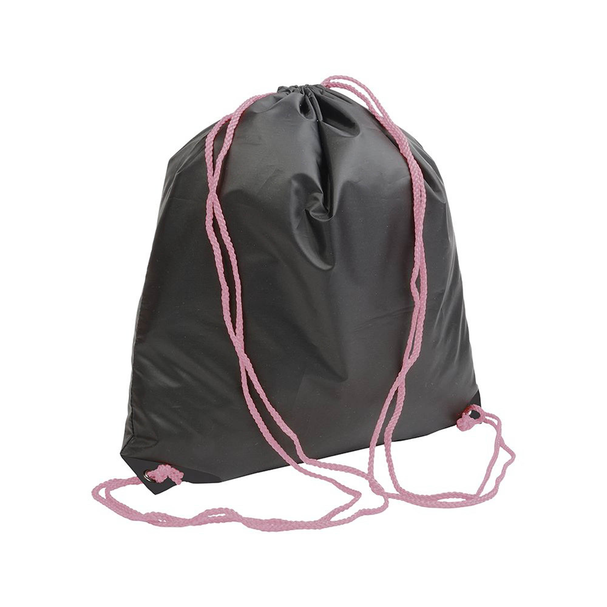 Black 210T polyester backpack with drawstring closure, reinforced black corners