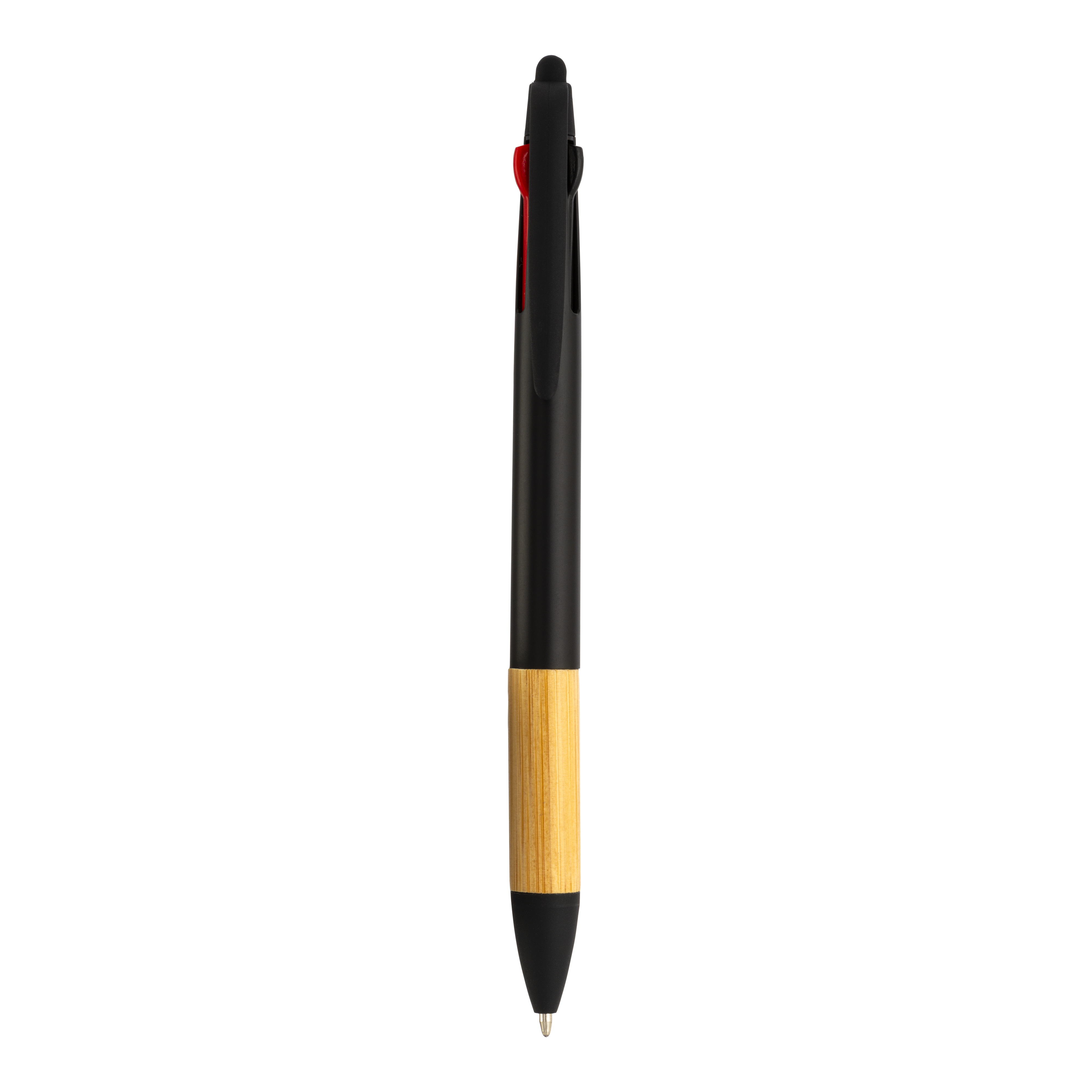 Plastic click pen with 3 refills, with touch screen rubber, bamboo grip