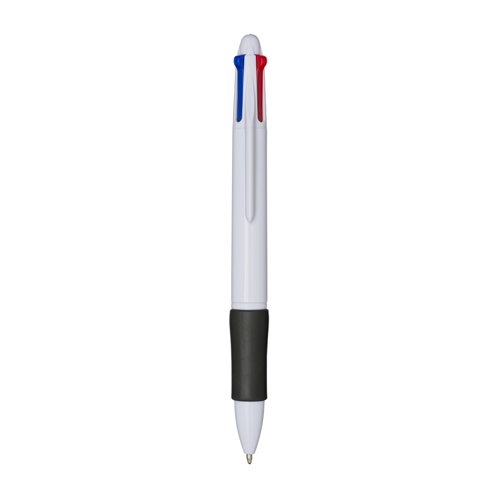 Click pen in plastic with 4 refills. Rubberized grip
