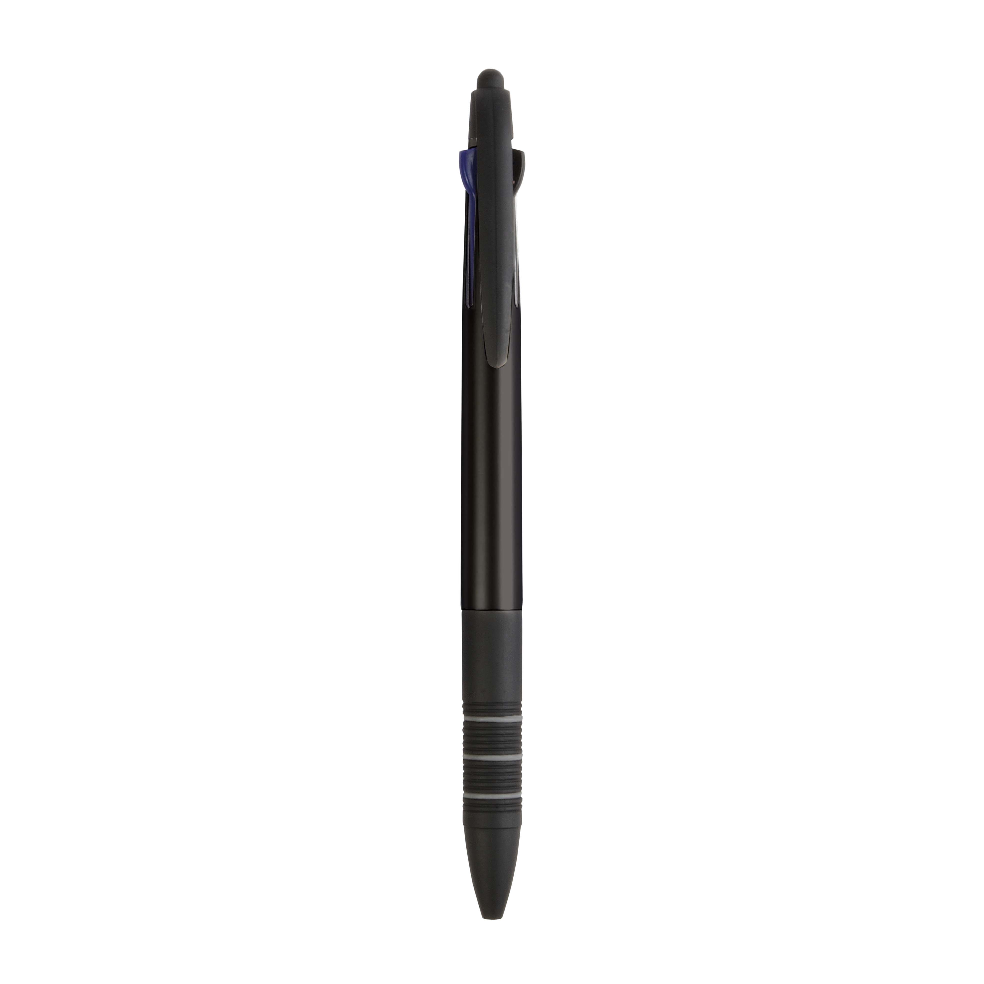 Plastic snap pen with 3 refills in blue, black and red, and touchscreen rubber tip