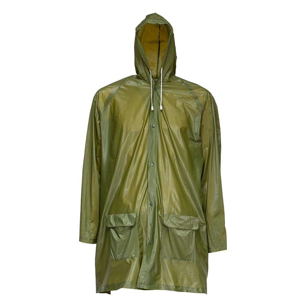 Embossed PVC (200 g) raincoat, supplied in a pocket-sized bag. One size