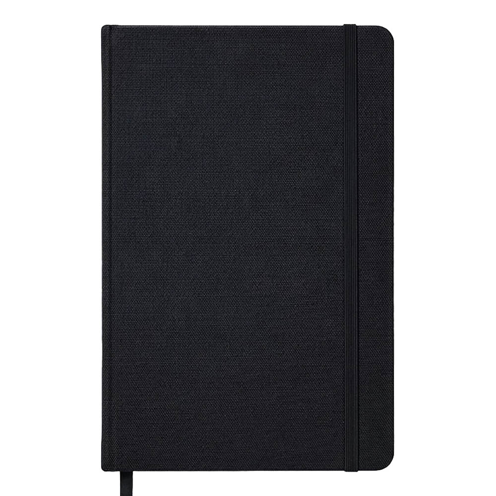Notebook with hard cover in R-PET. Elastic closure band and satin ribbon bookmark