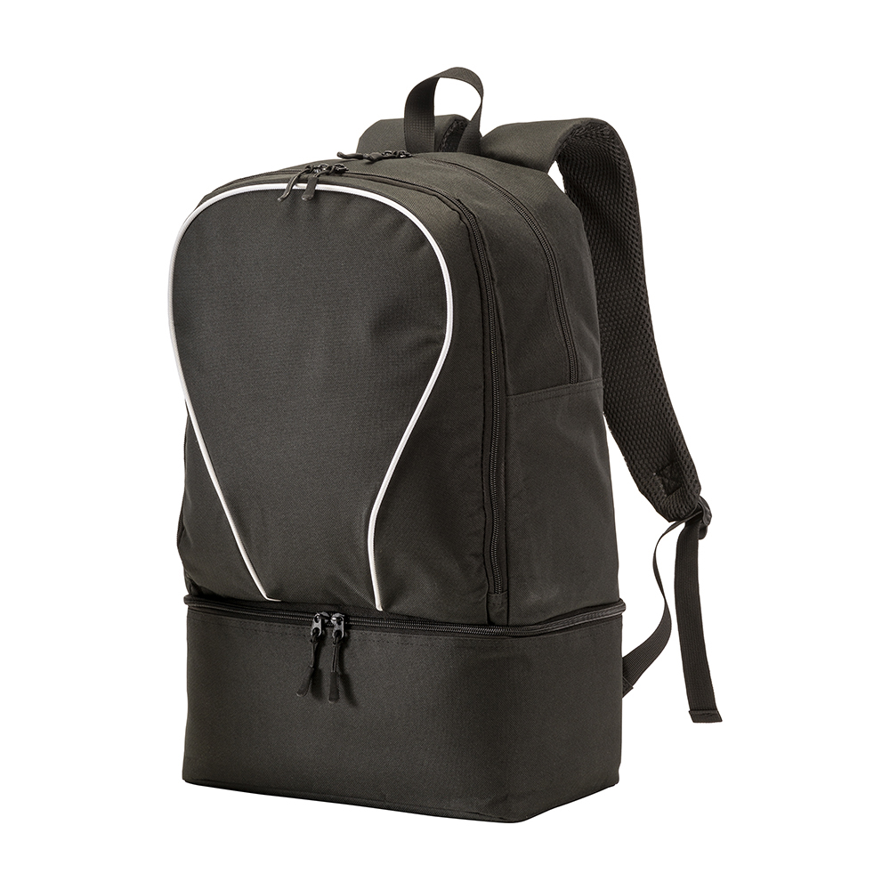 600D polyester sports backpack, large main compartment and padded shoe compartment.