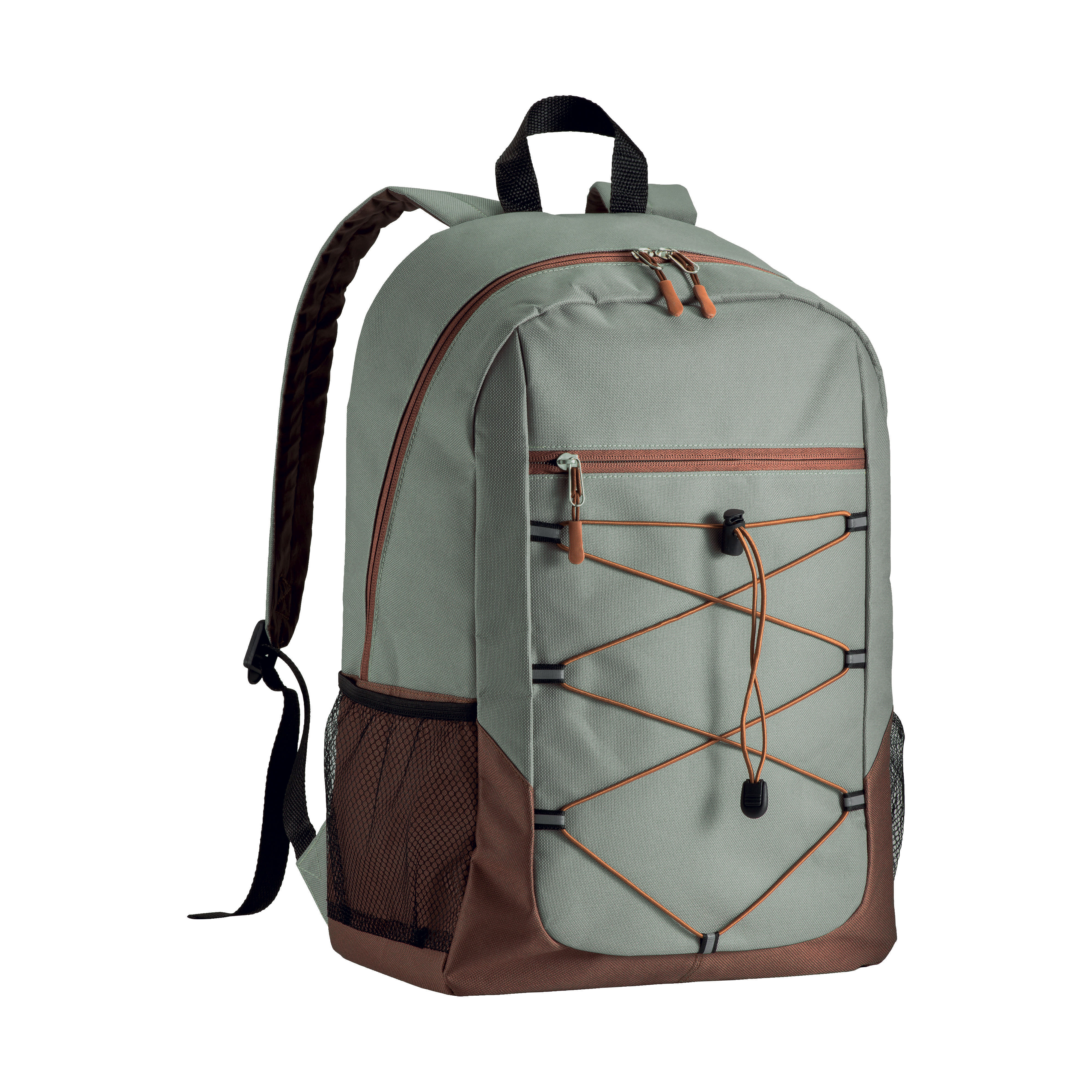 600D polyester 4-pocket backpack (two mesh side pockets). Padded straps ...