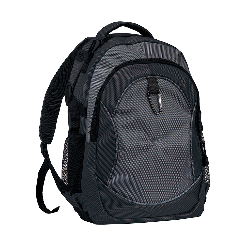 1680D polyester 4-pocket backpack (two mesh side pockets) with snap hook