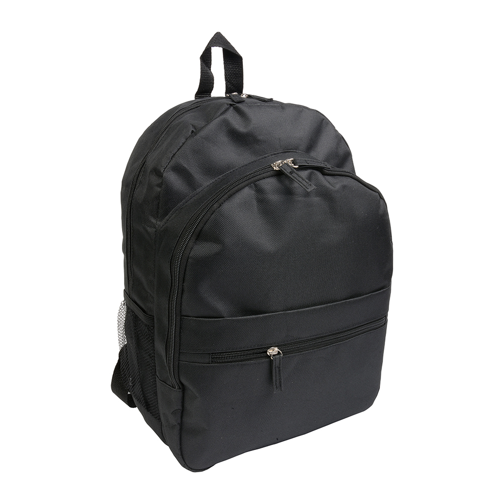 600D polyester 6-pocket backpack (two mesh side pockets). Front pocket with velcro