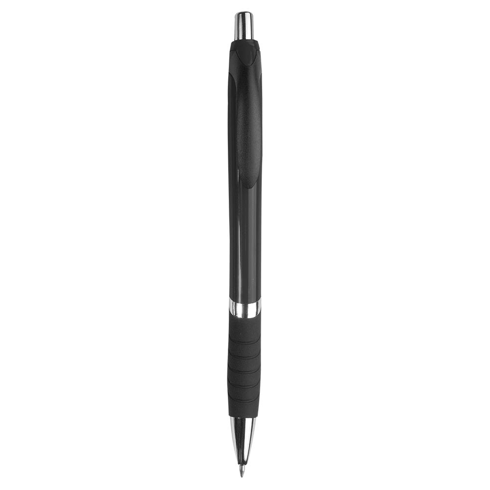 Plastic snap pen with coloured barrel, rubberised grip and chromed details