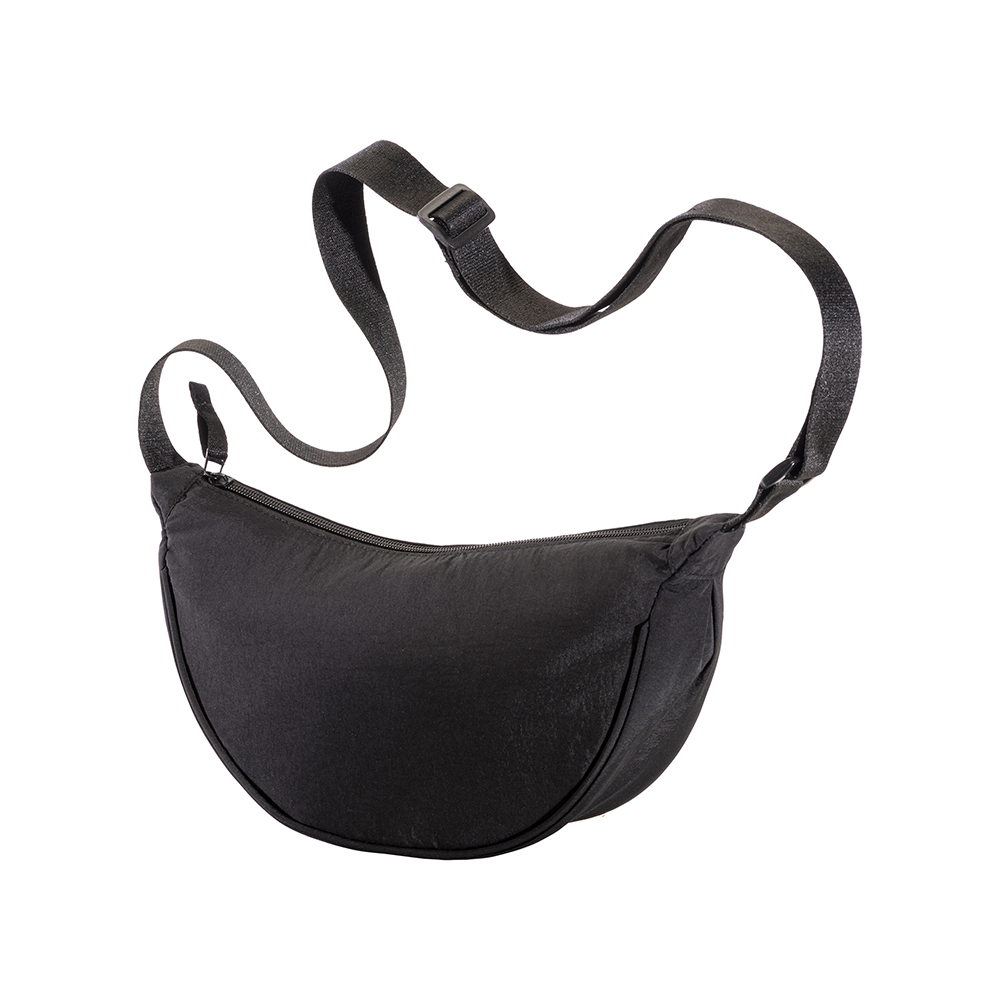 Nylon round bag with adjustable shoulder strap, zipper closure