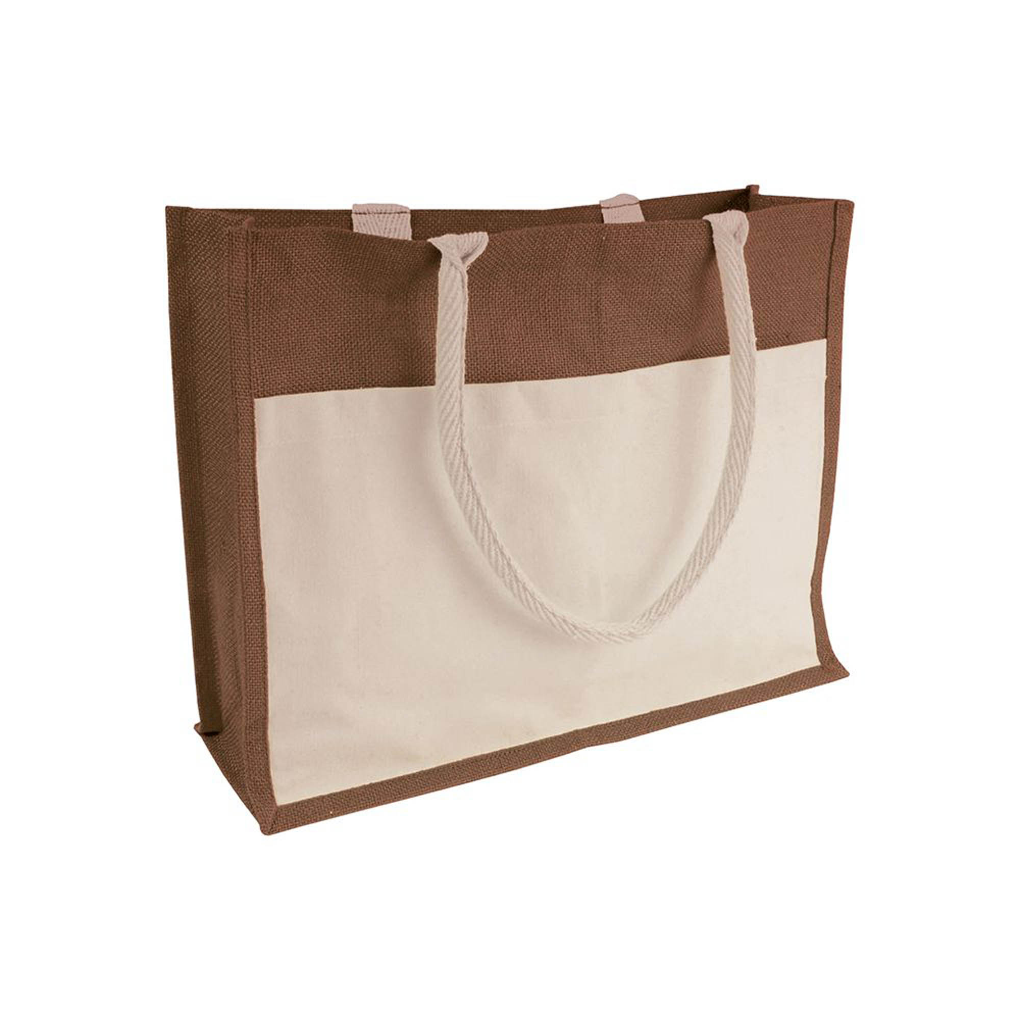 Jute bag with PVC interior, gusset, long handles and outer pocket