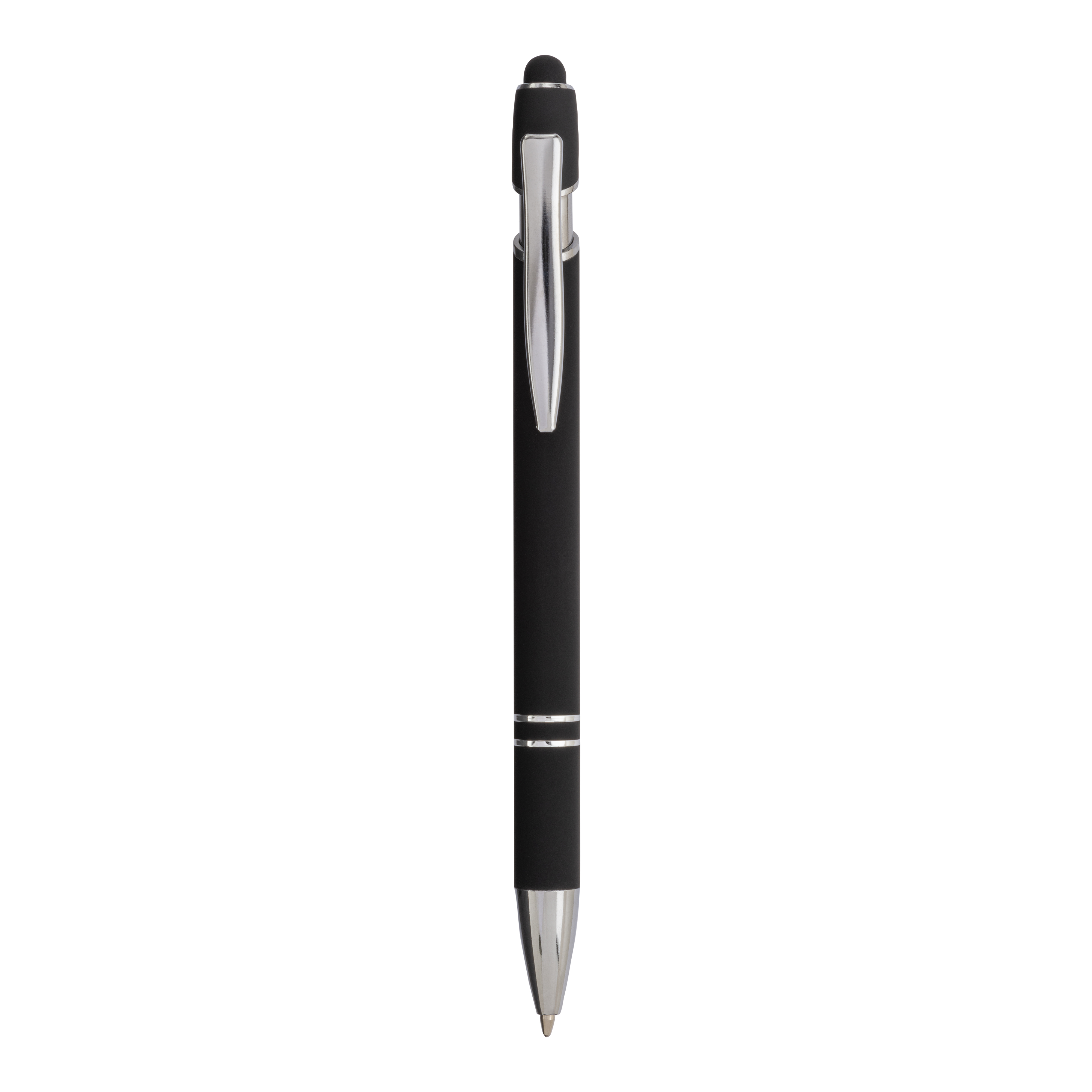 Rubberized aluminium snap pen with touch screen eraser and metal clip