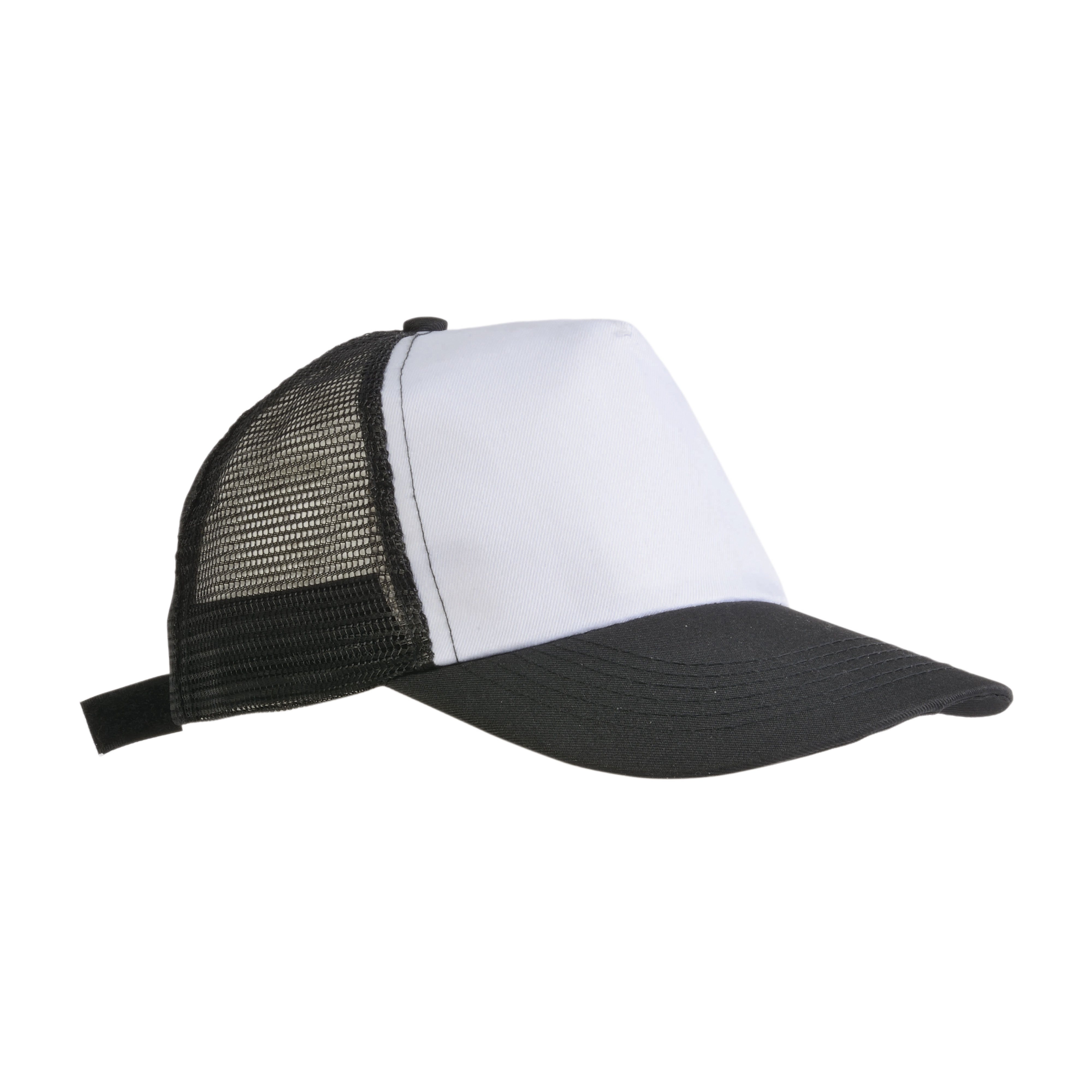 Polyester 5-panel cap with mesh crown and adjustable velcro strap