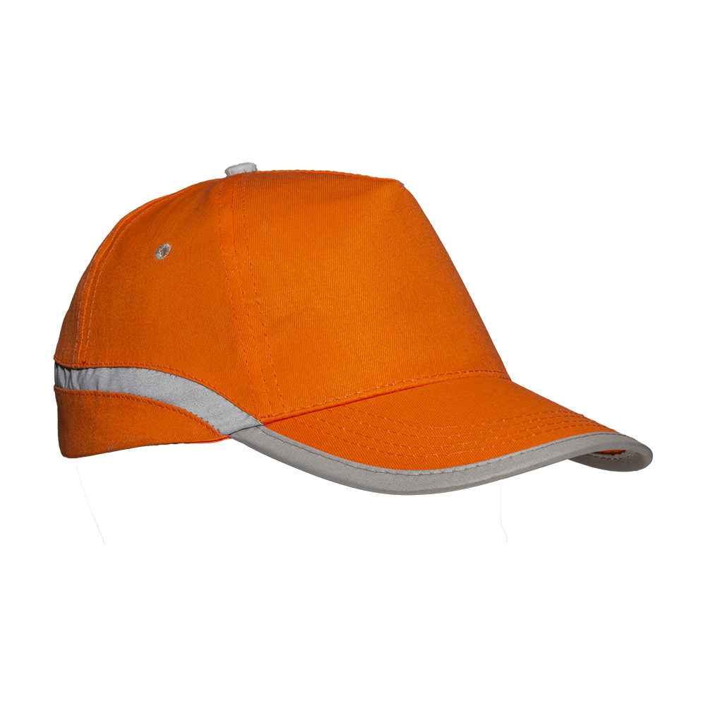 High-visibility, cotton 5-panel cap with reflective strips and adjustable velcro strap