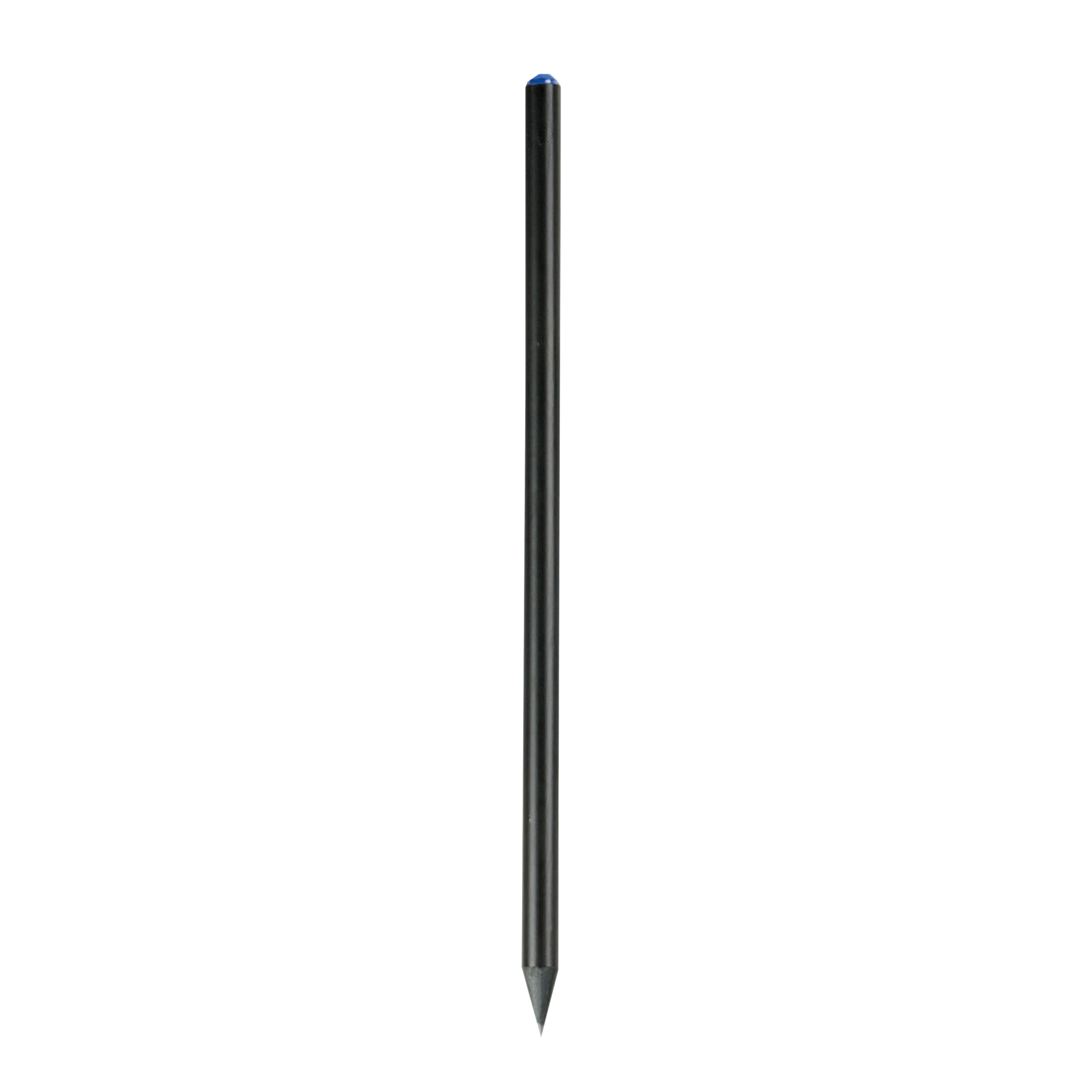 Black wooden pencil with graphite lead, black wood, cylindrical cross-section
