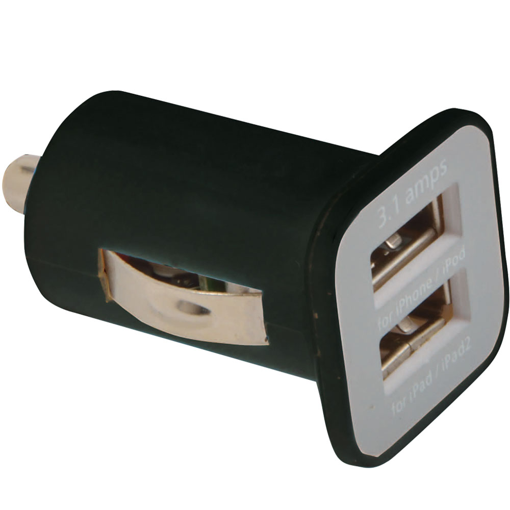Micro USB car charger with 2 USB ports. Input 12 V - Output 5 V/1000 mA; 5 V/2100 mA