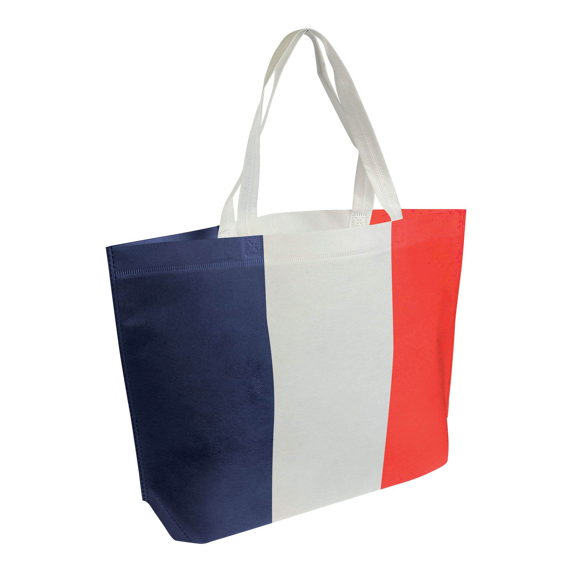 Non-woven thermowelved shopping bag with gusset, long handles with tricolor printing