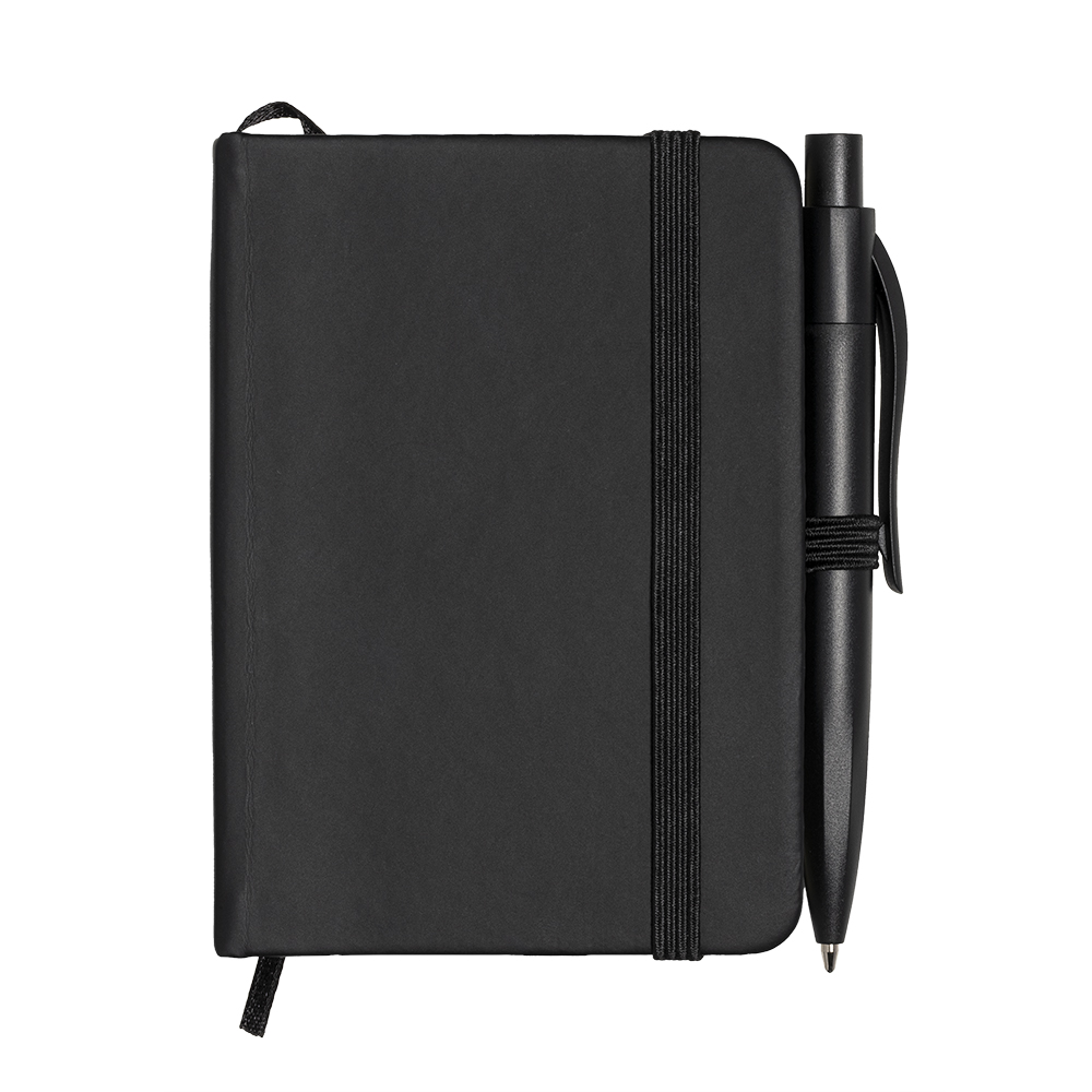Notebook set with hard PU cover and mini pen. Elastic closure satin bookmark and box