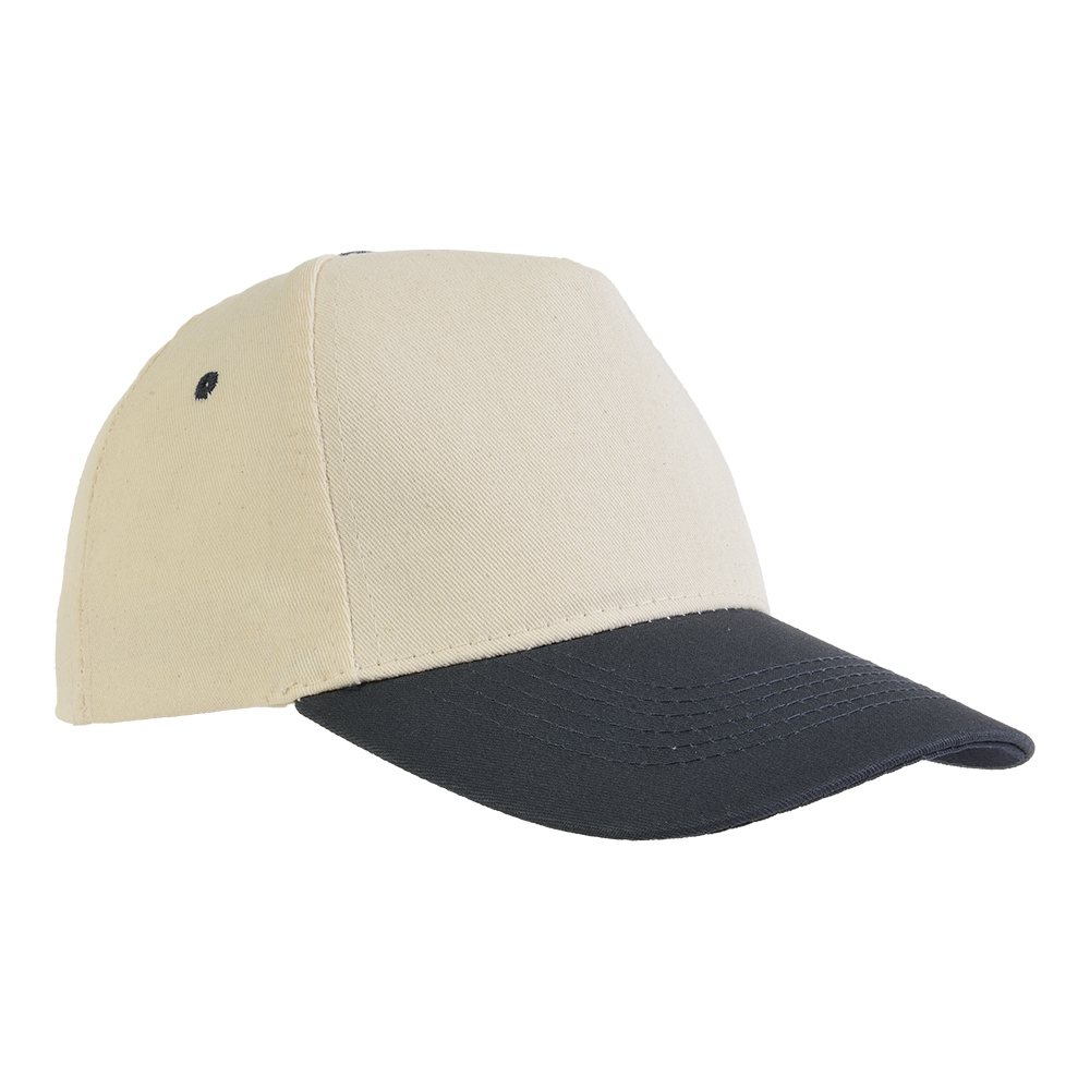 Natural cotton 5-panel cap with coloured visor and adjustable velcro strap