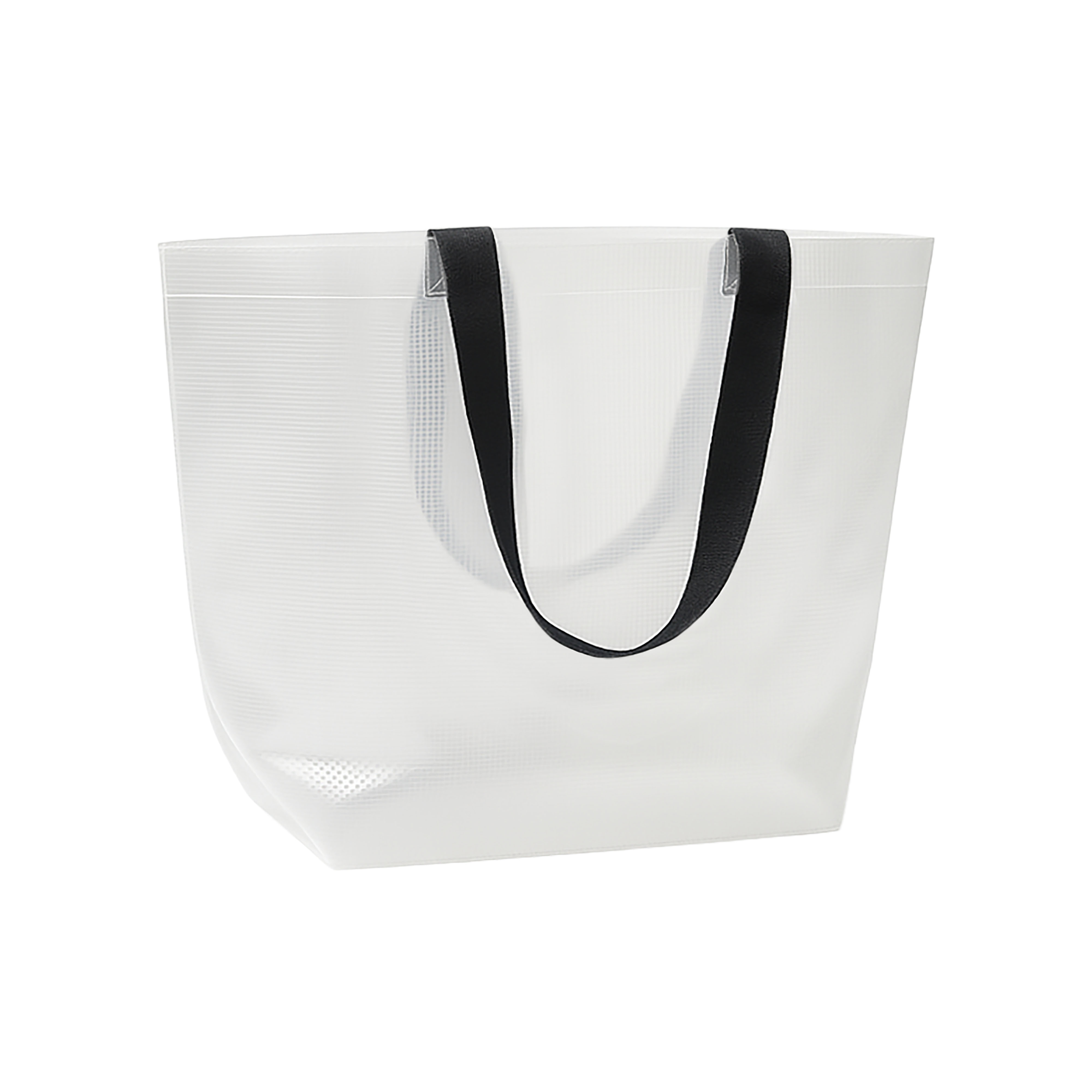 Transparent laminated PP shopper bag 110 g/m2. Long colored polyester handles and gusset