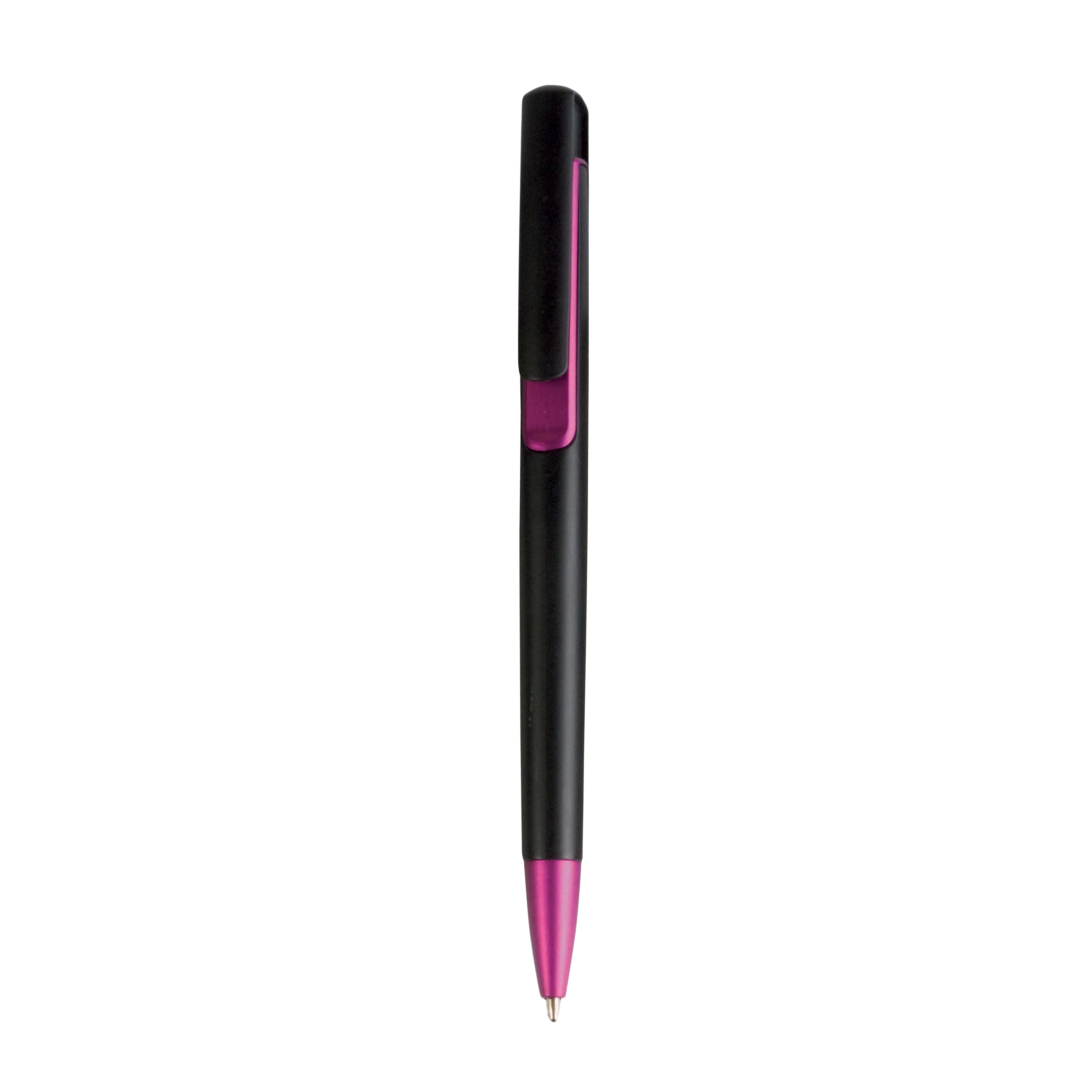 Plastic snap pen with black barrel and metallic tip and detail