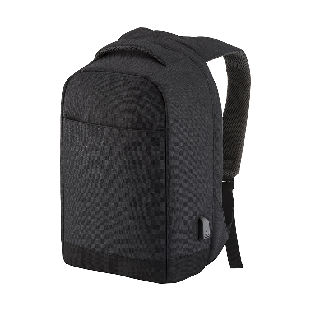 Rucsac pentru computer cu sistem de închidere antifurt, prevăzut cu port USB, confecționat din poliester