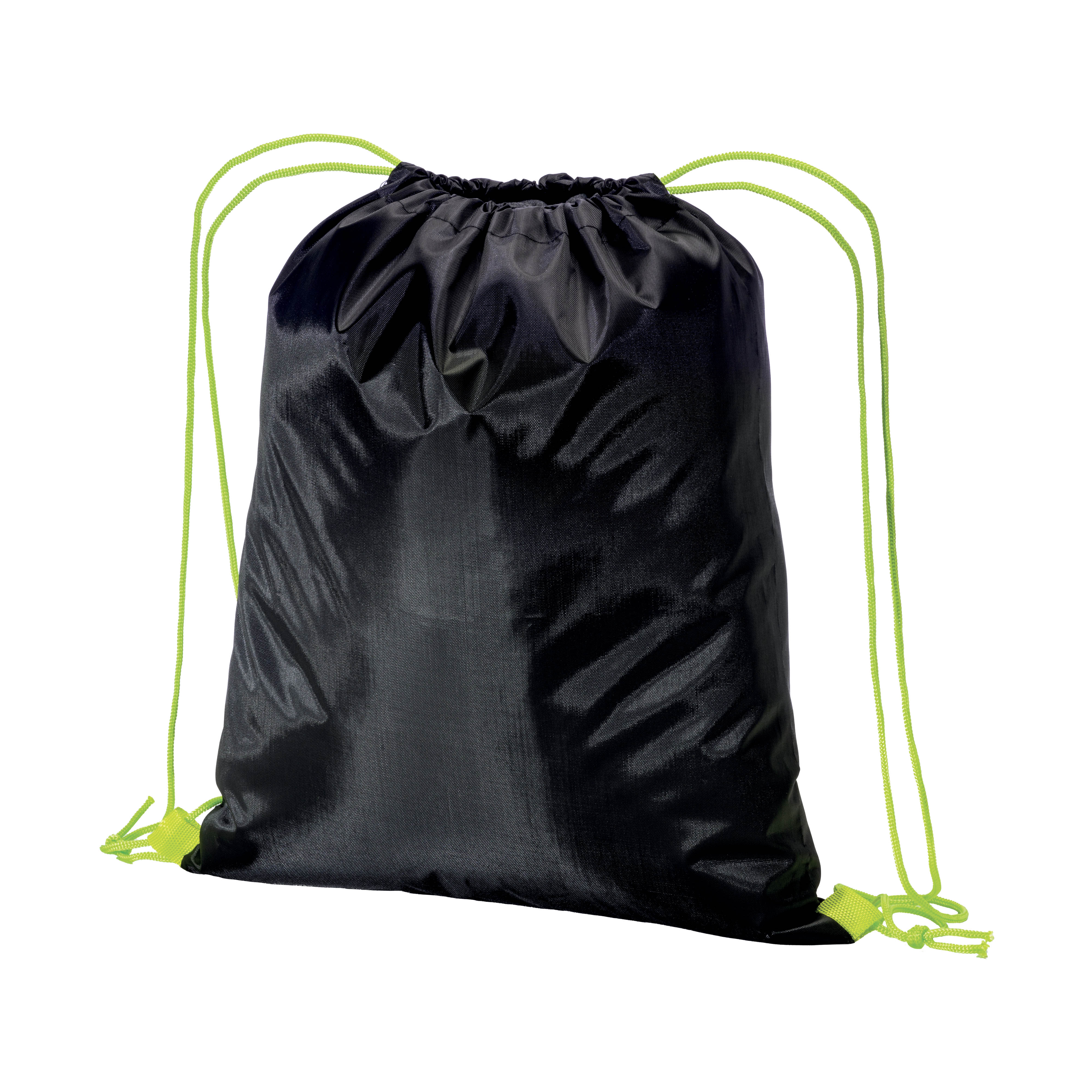210T black polyester backpack with choke closure and colored cords