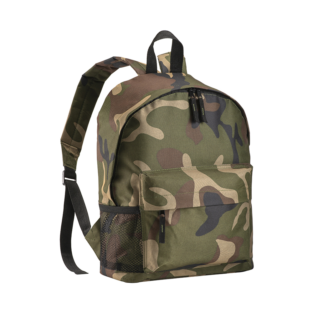 600D polyester 3-pocket camouflage backpack (one mesh side pocket). Adjustable shoulder