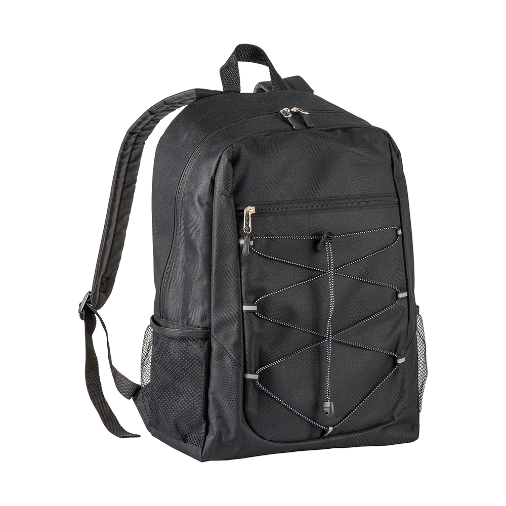 600D polyester 4-pocket backpack (two mesh side pockets). Padded straps and back