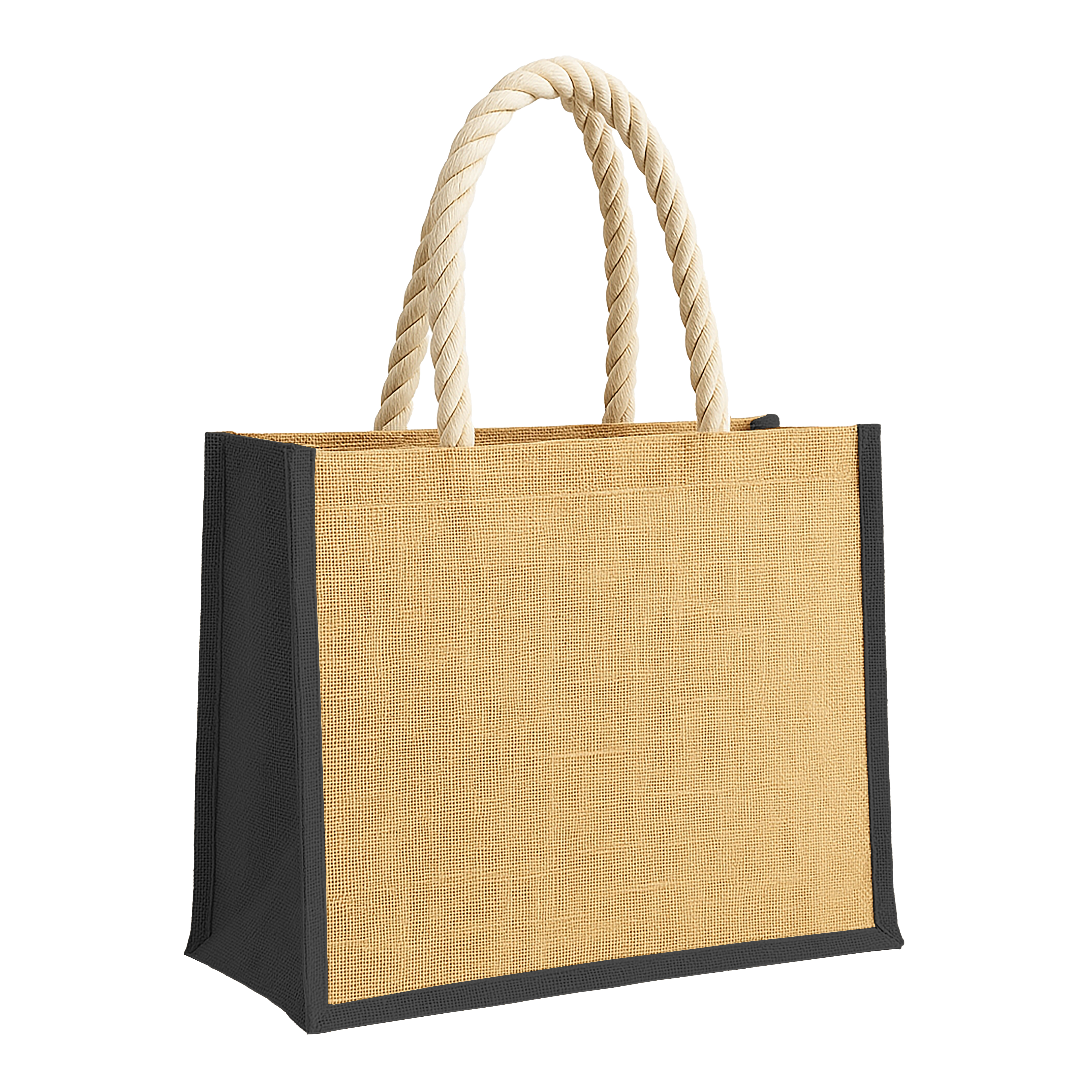 Jute bag with long rope handles and coloured inserts. With gusset