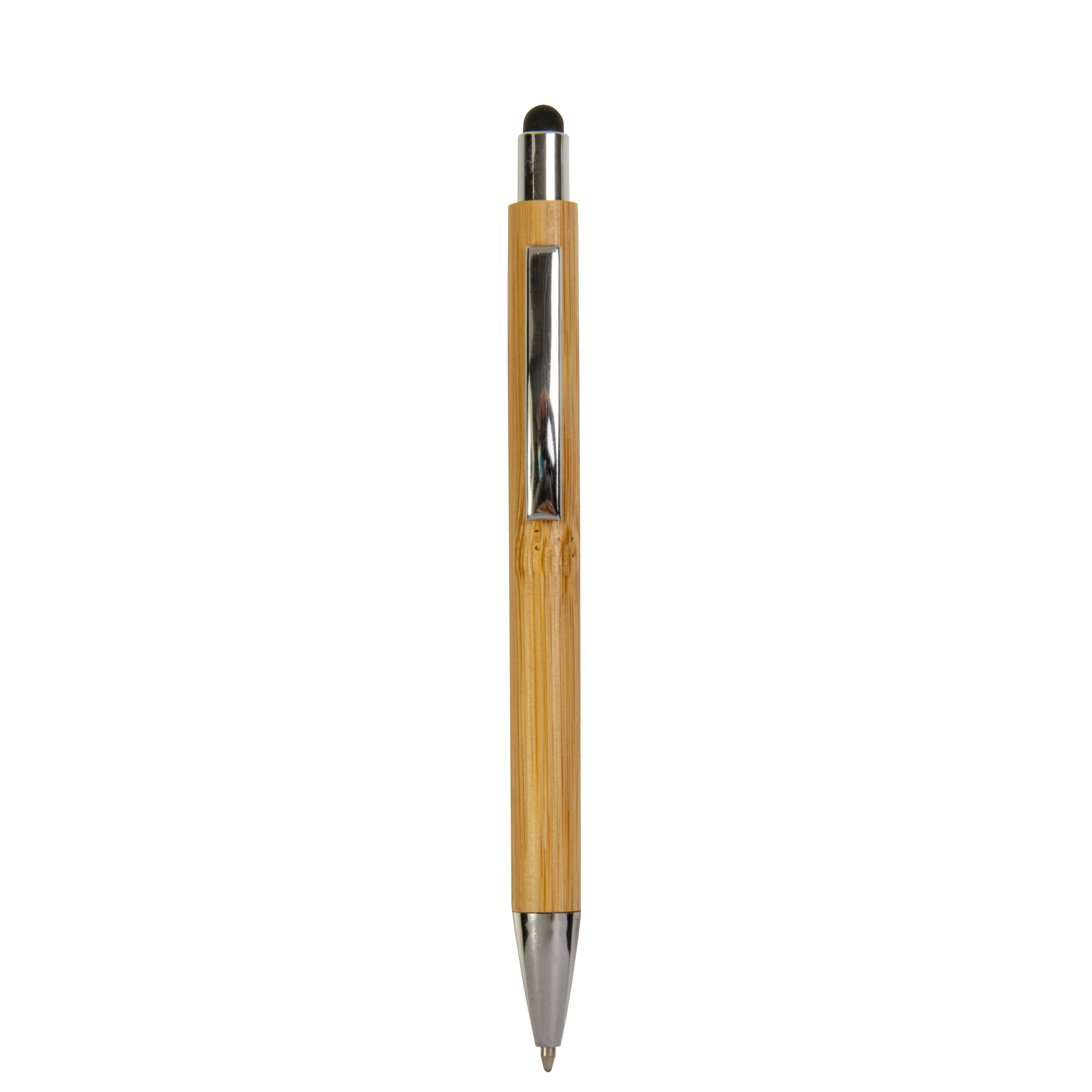 Bamboo barrel push ball pen with colored touch point and chrome tip