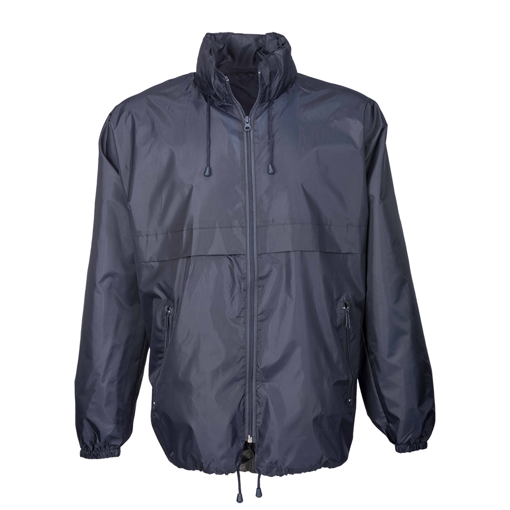 190T polyester windbreaker with fold-away hood with zip. Folds up into a waist bag