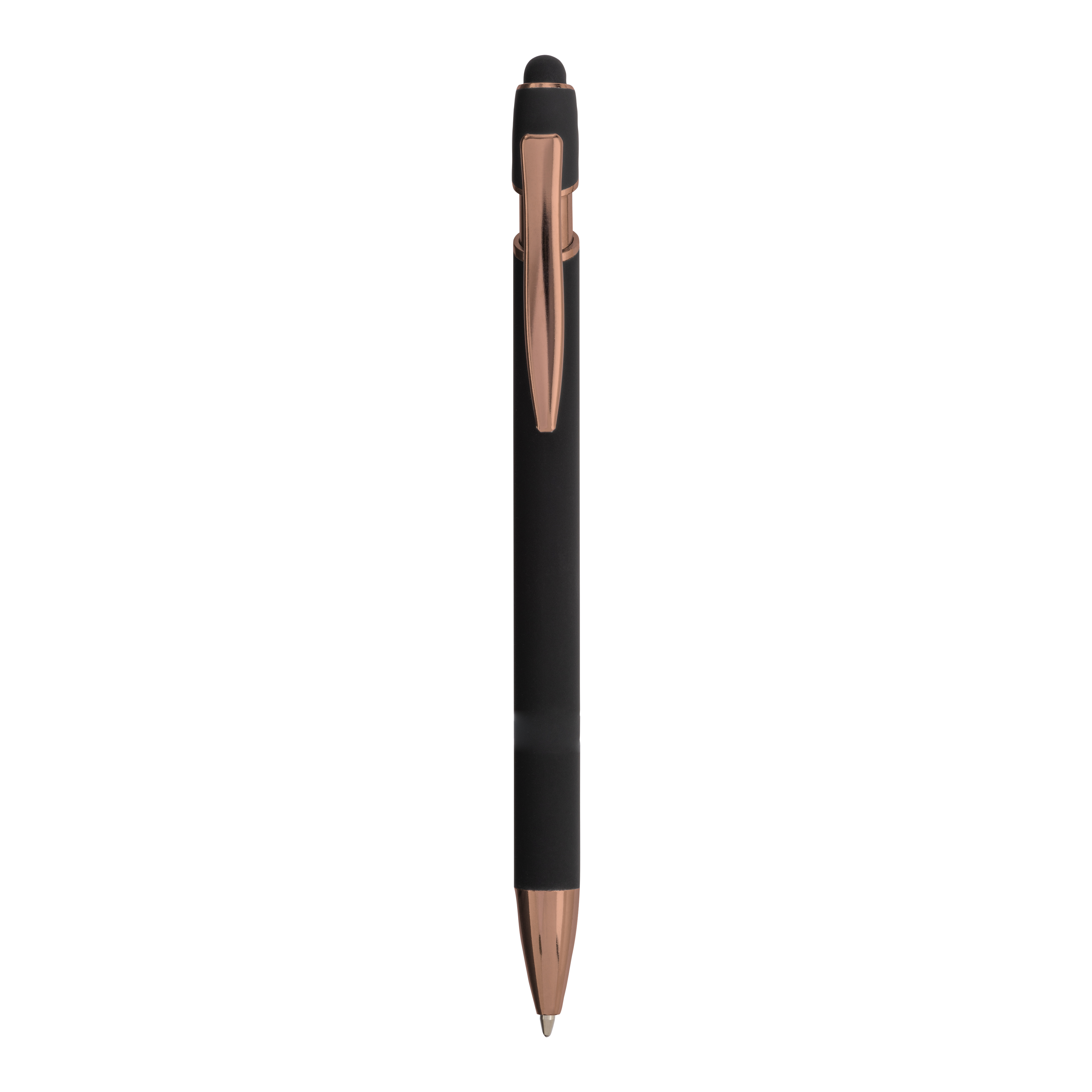 Rubberized aluminium snap pen with touch screen eraser and metal clip