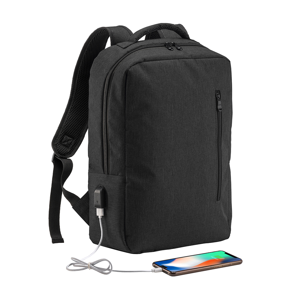 300D Polyester laptop backpack with 3 pockets. Laptop principal pocket and side pocket