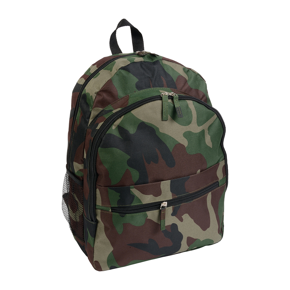 600D polyester 6-pocket backpack (two mesh side pockets). Front pocket with velcro