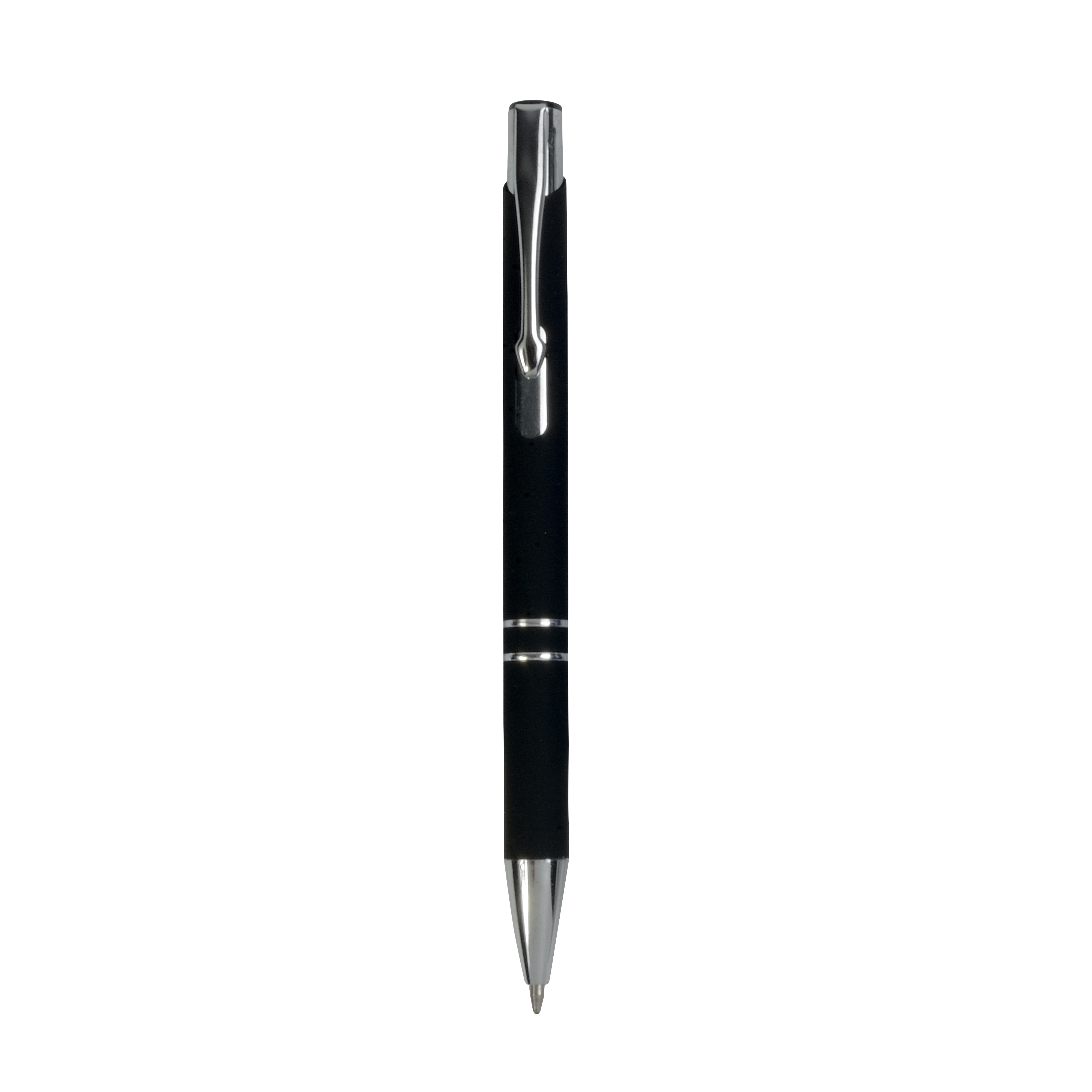 Aluminium snap pen with rubberised grip with 2 chrome trim rings