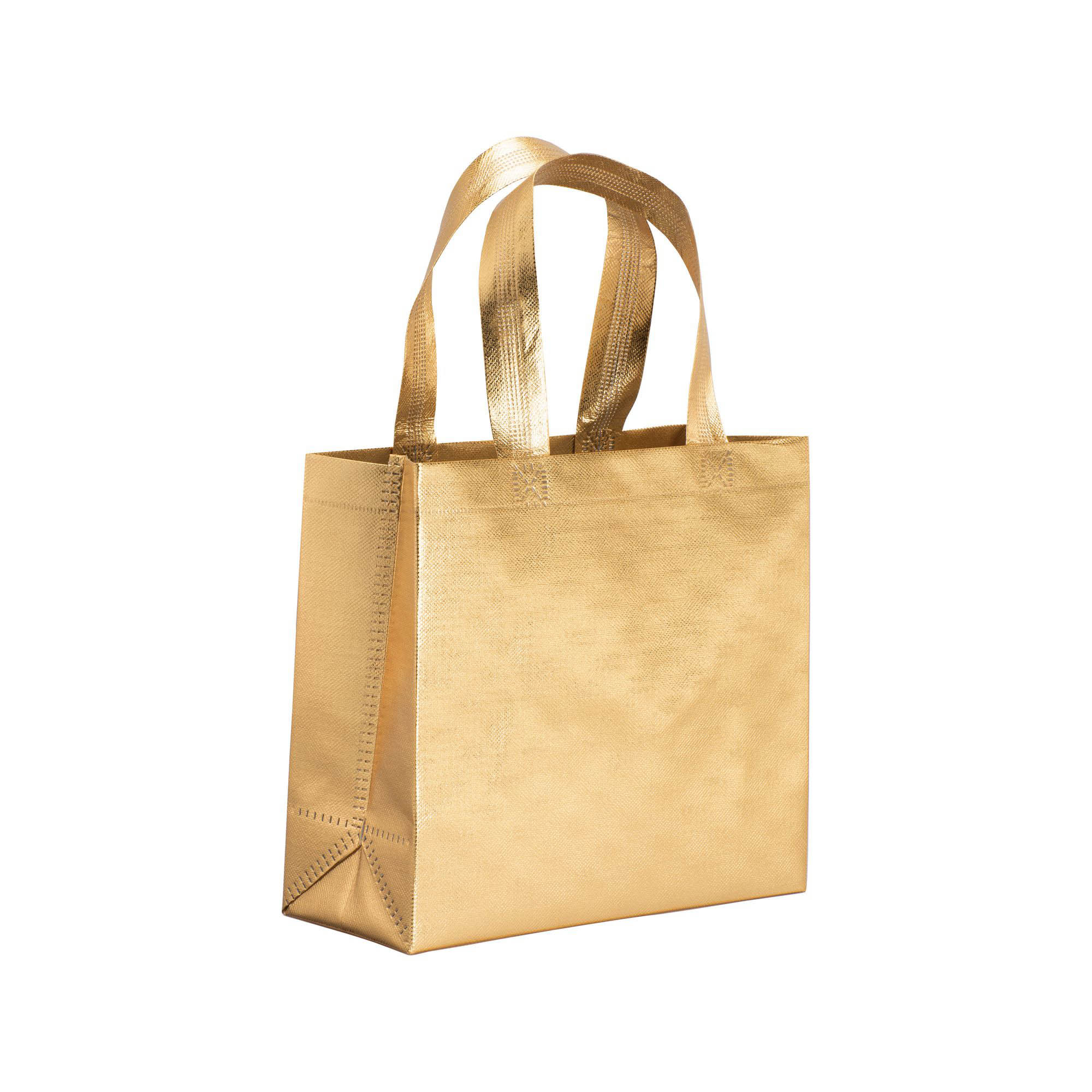 Laminated non woven thermowelded mini shopping bag, short handles and gusset