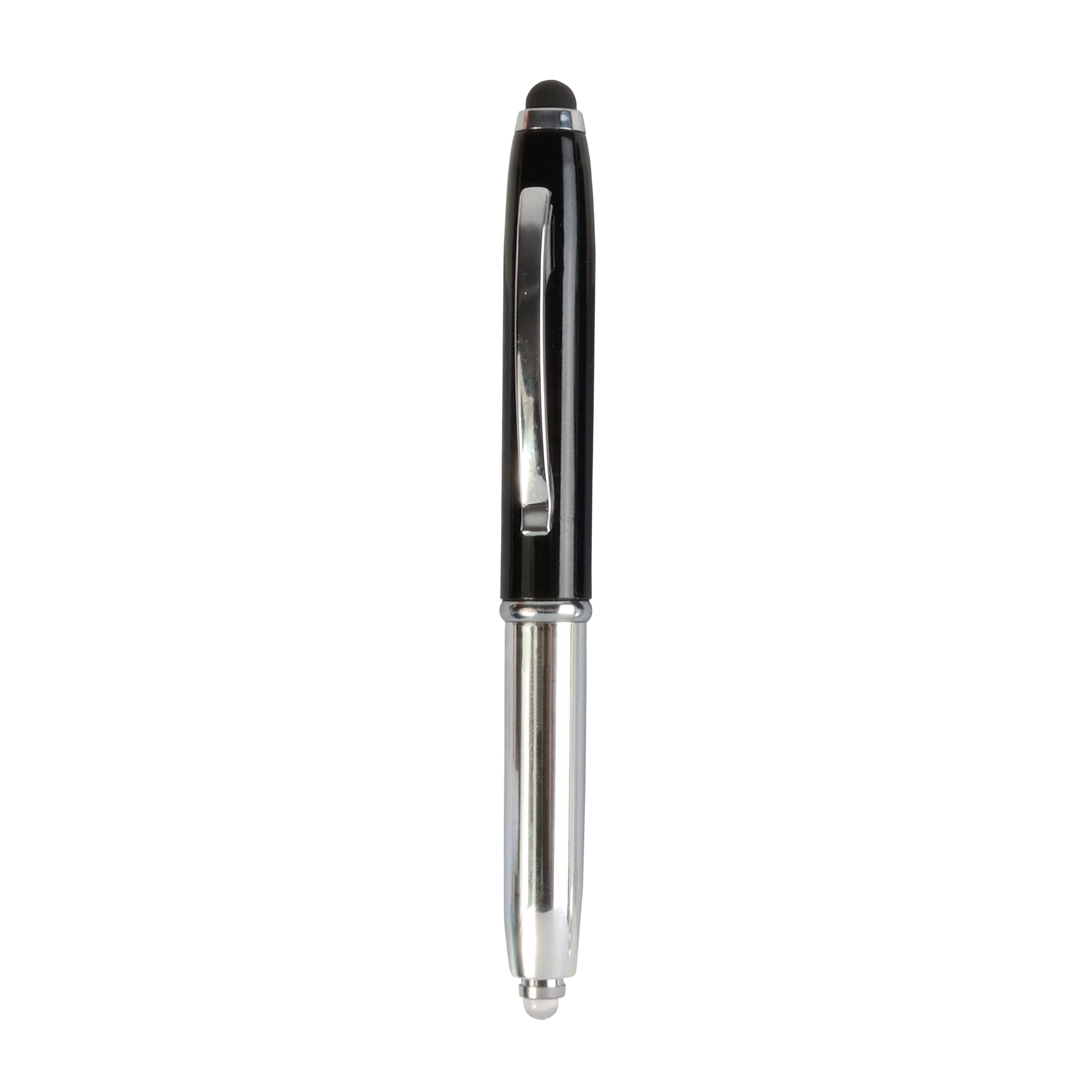 Mini silver plastic pen with metal lid and clip, light and touchscreen rubber tip