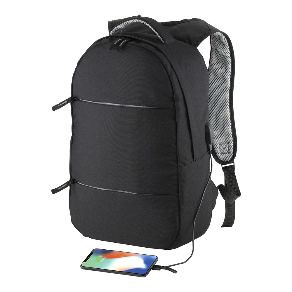 600D polyester PC backpack. Main laptop pocket and 3 front pockets. Breathable material