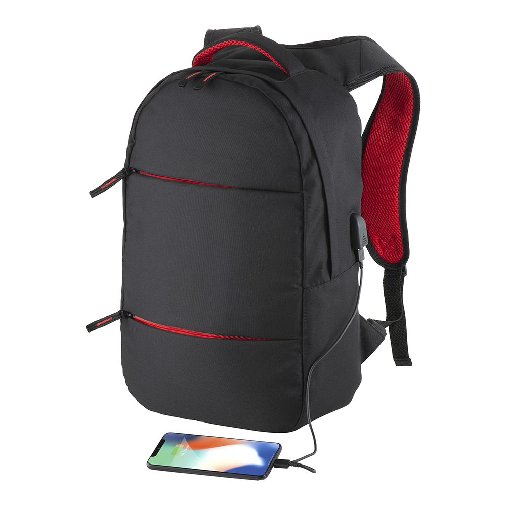 Rucsac din poliester 600D cu compartiment pentru laptop. Compartiment principal pentru laptop și 3 buzunare frontale. Material respirabil
