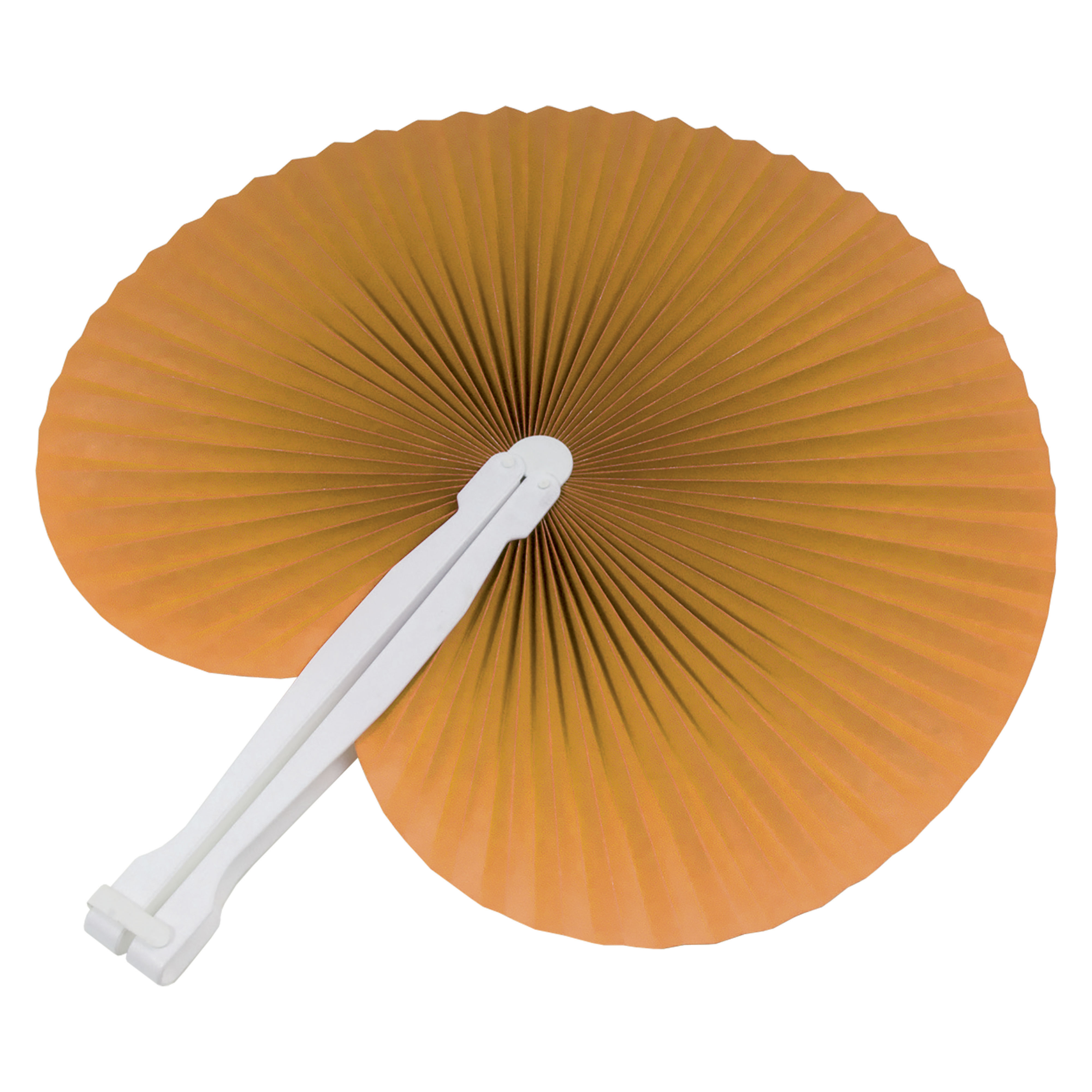 Coloured paper hand fan with white plastic handle, 26 cm long, 24 cm diameter when open
