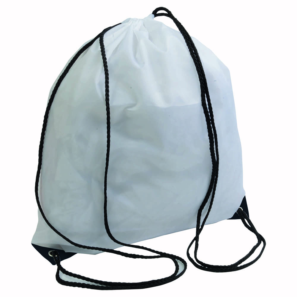 White 210T polyester backpack with drawstring closure, reinforced corners